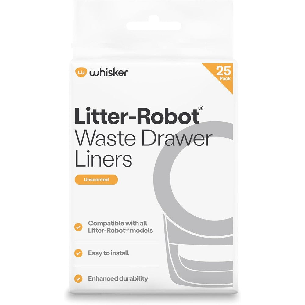 Whisker Litter-Robot Waste Drawer Liners front view of the 25 pack packaging.