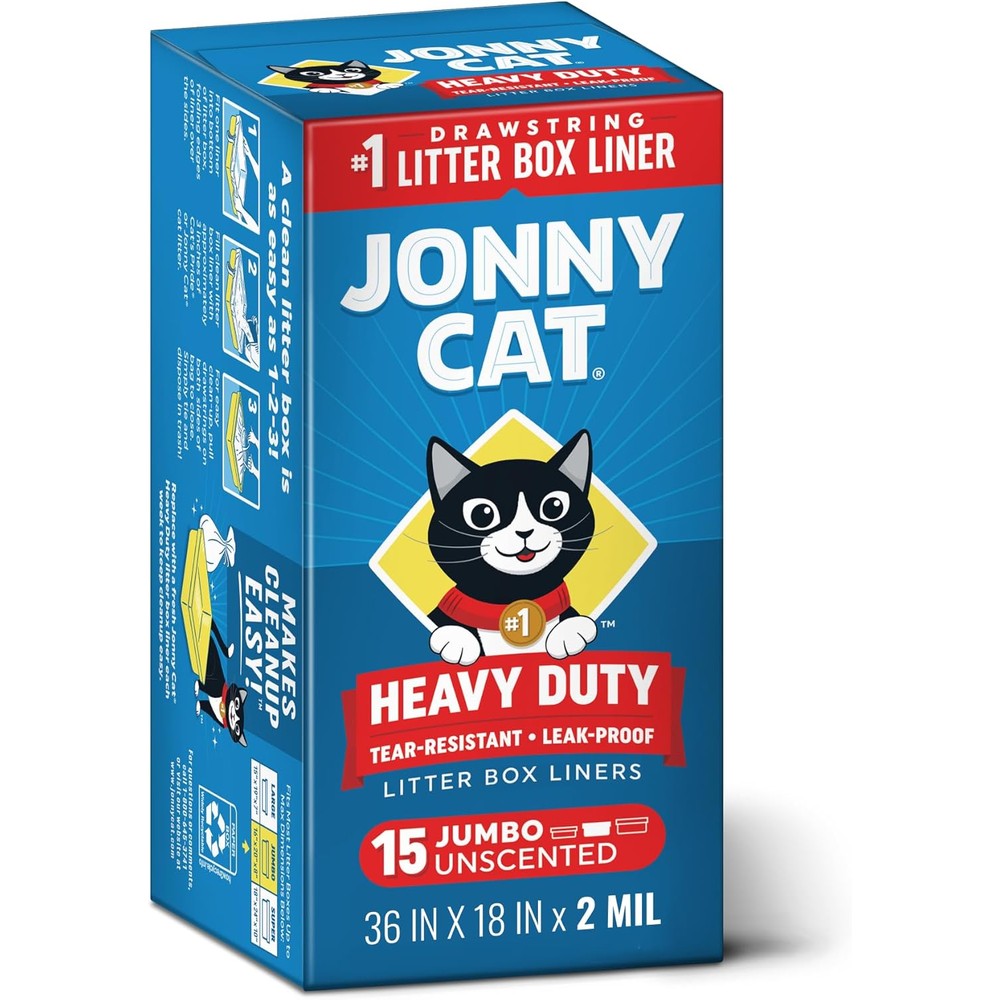 Jonny Cat Heavy Duty Litter Box Liners front view packaging showing 15 count jumbo size pack.