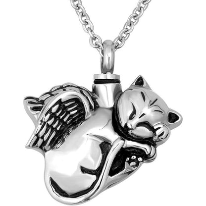 NanMuc Cute Angel Cat Pet Urn Necklace front view stainless steel