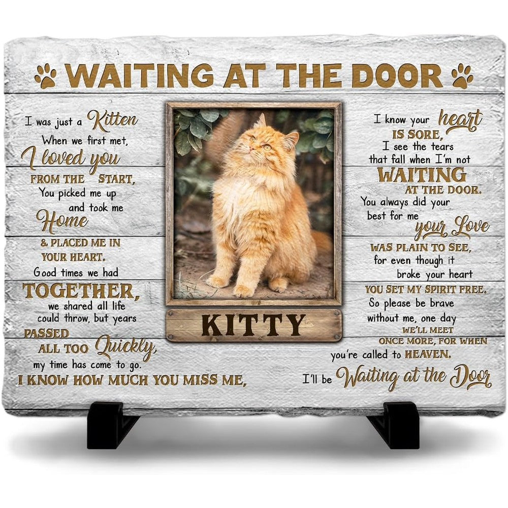 Kilyhome Personalized Cat Memorial Stone front view showing white ceramic finish and custom photo print layout