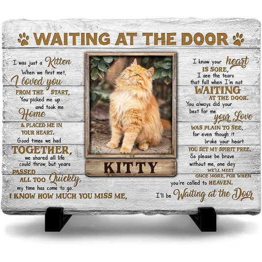 Kilyhome Personalized Cat Memorial Stone front view showing white ceramic finish and custom photo print layout