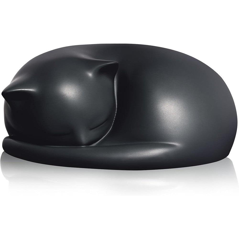 FUFYUKEY black resin sleeping cat urn front view showing peaceful resting kitty sculpture design