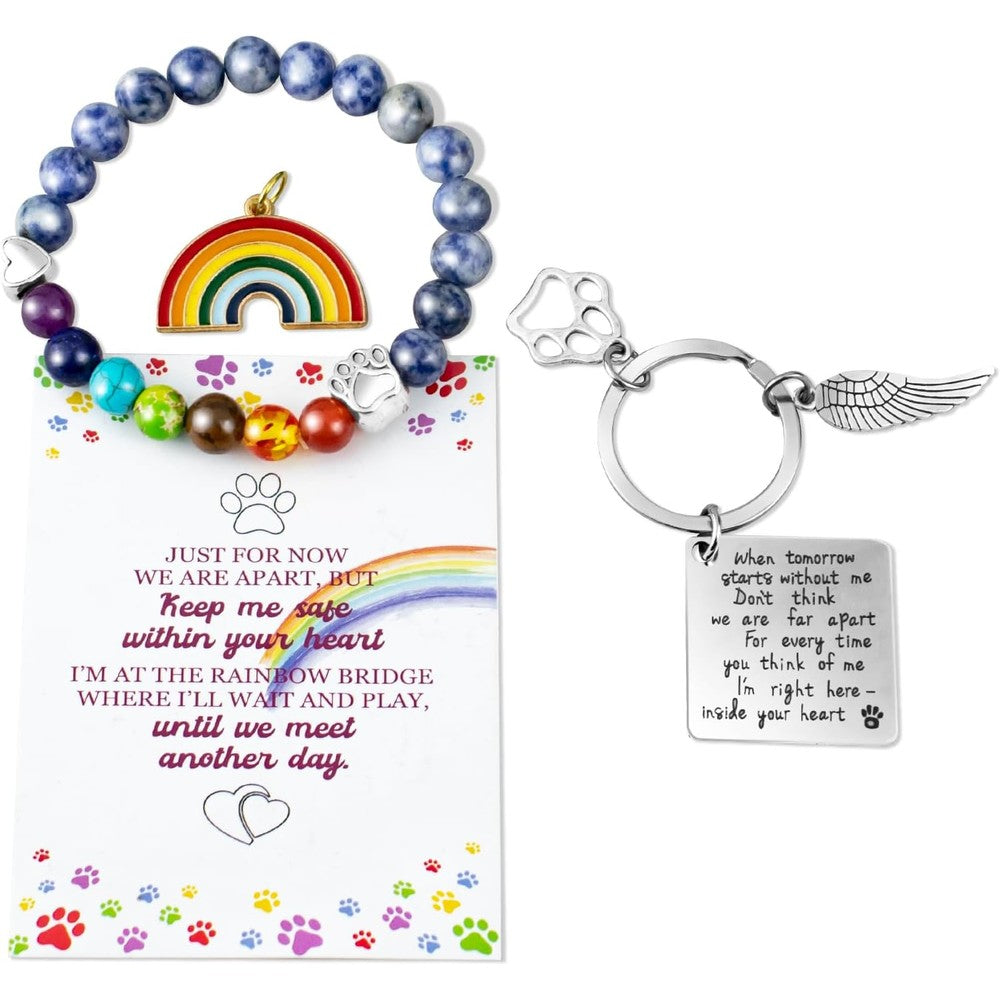 BEABOY Rainbow Bridge pet memorial bracelet front view with chakra beads and paw print charm.