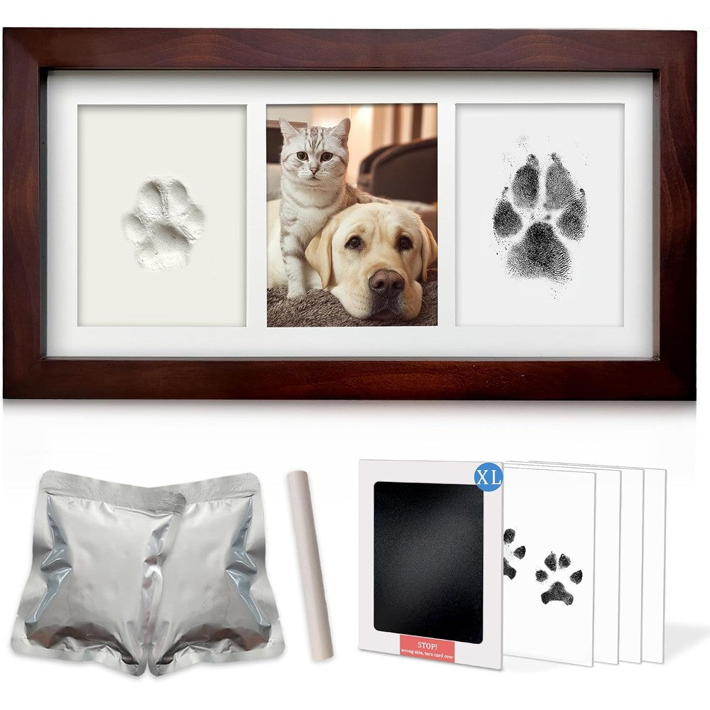 MYPAWLETS pet paw print frame kit front view showing espresso premium wooden memorial frame with clay and ink impressions