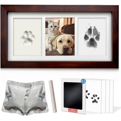 MYPAWLETS pet paw print frame kit front view showing espresso premium wooden memorial frame with clay and ink impressions