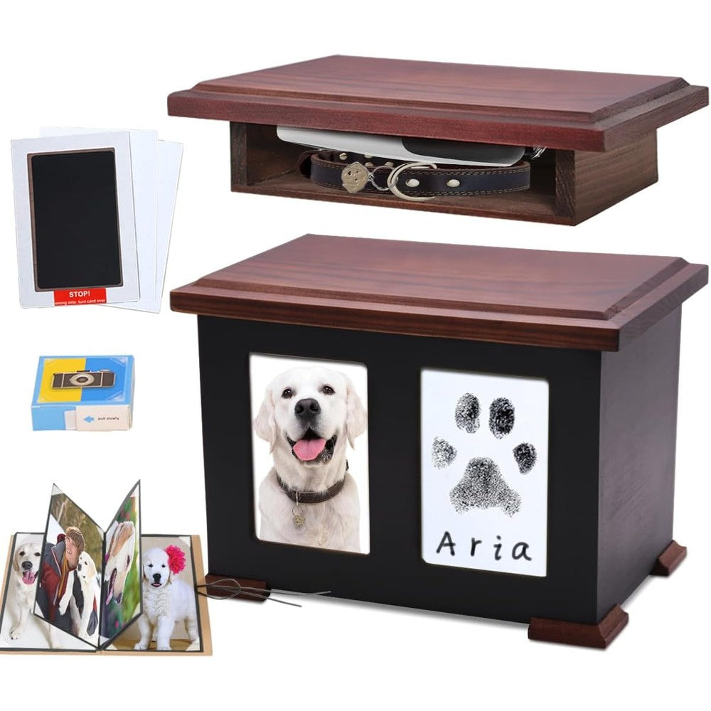 Sofunii extra large solid wood pet urn front view with dual photo and paw print frames