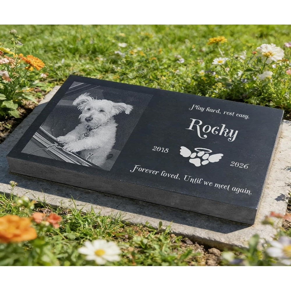 FANTAART custom pet memorial stone front view showing engraved dog photo and name layout.