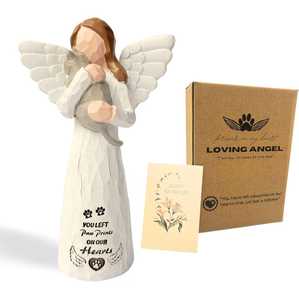 DUDULOVY cat memorial angel figurine front view showing hand-painted grey resin details.