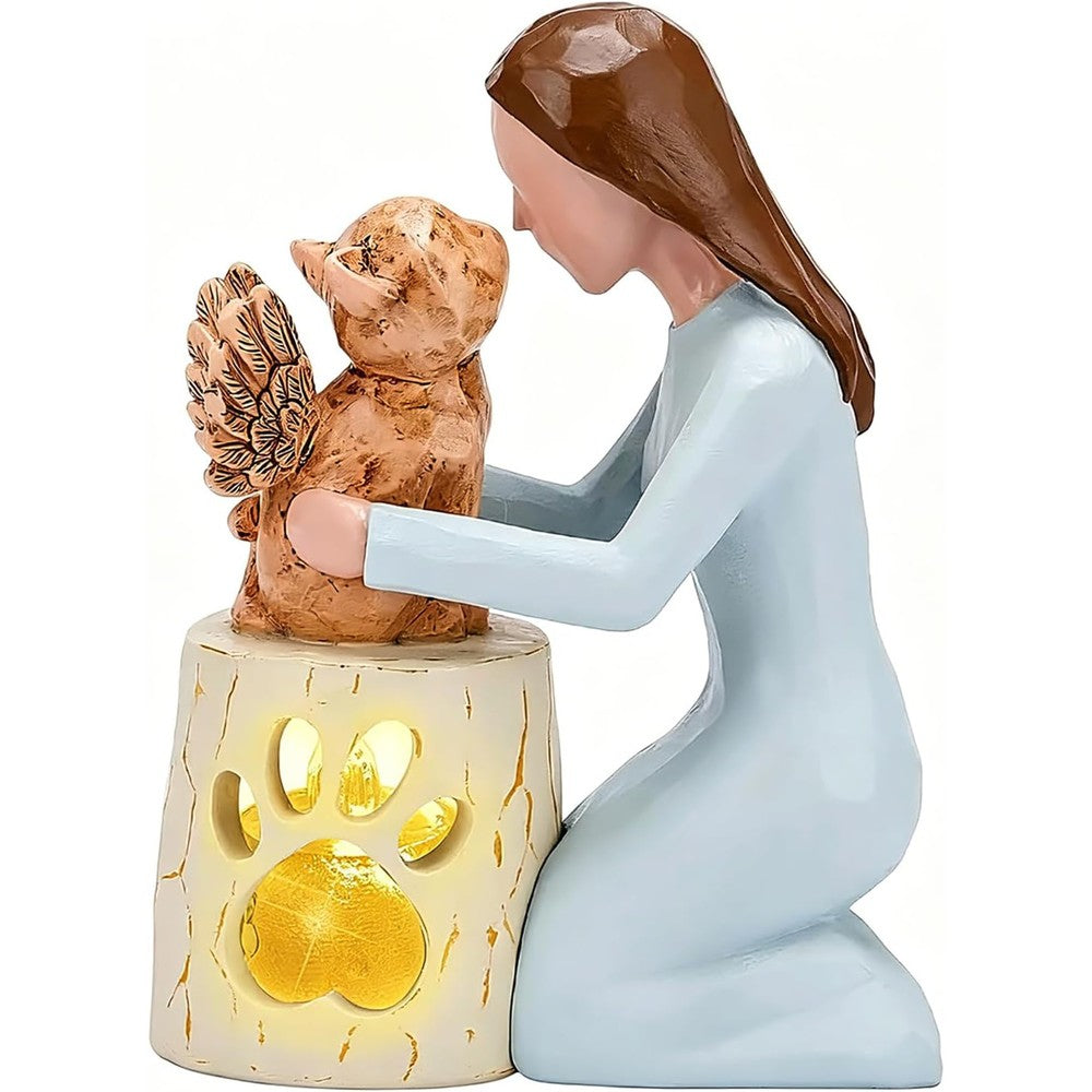 Hryspbvm angel cat candle holder statue front view with glowing LED candle