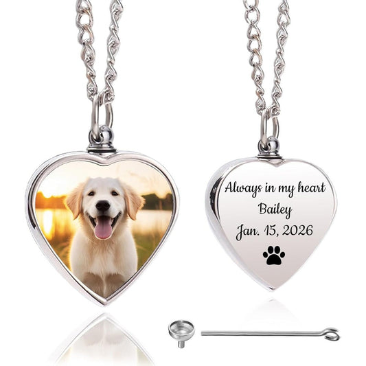 Guoer personalized pet urn necklace front view showing the customizable heart pendant