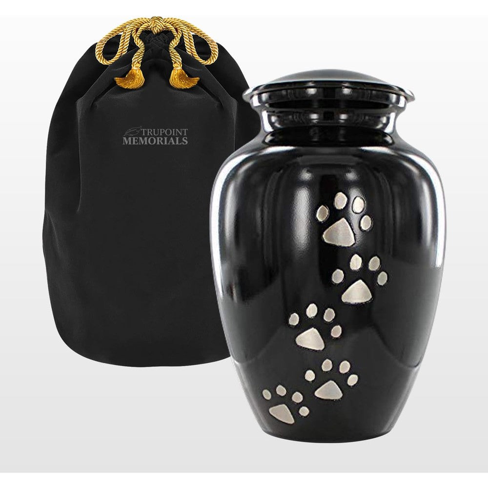 Trupoint Memorials small pet urn front view showcasing black finish and paw print design