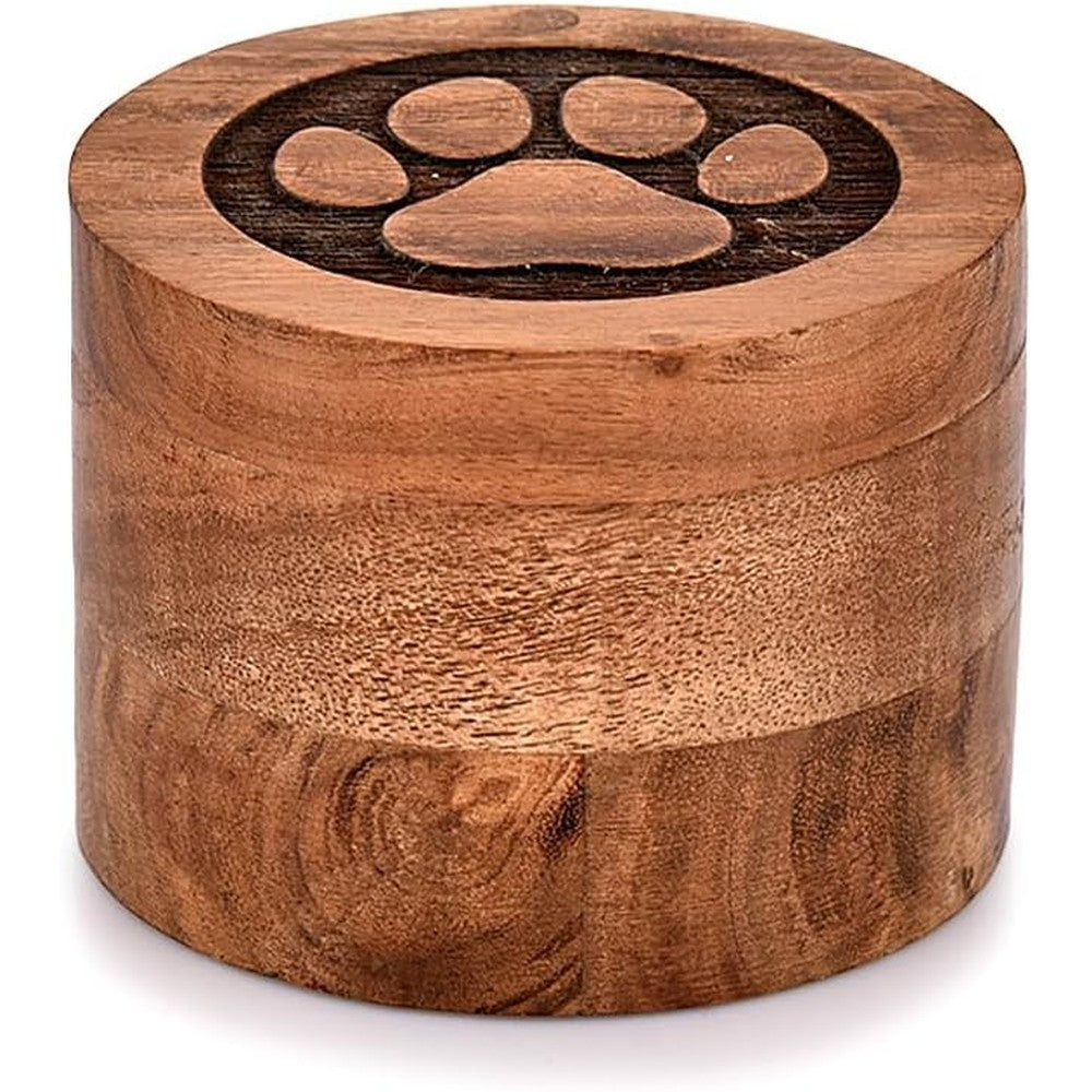 Edhas Acacia Wood Decorative Pet Urn front view with paw print