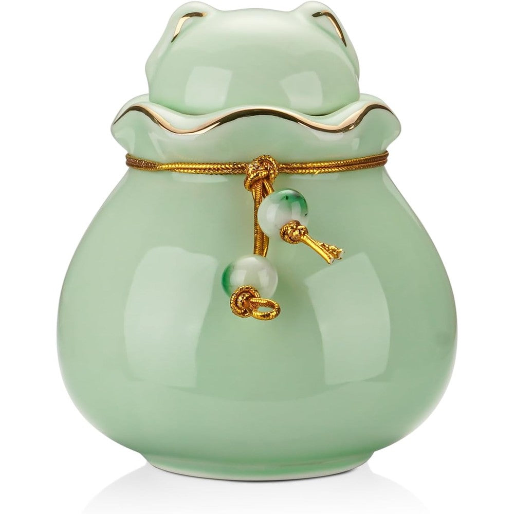 SOITIS Pet Memorial Urn front view of cyan ceramic keepsake holder with gold trim