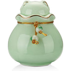 SOITIS Pet Memorial Urn front view of cyan ceramic keepsake holder with gold trim
