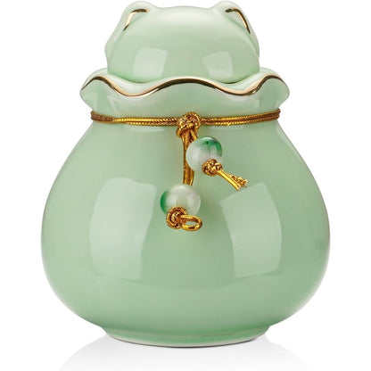 SOITIS Pet Memorial Urn front view of cyan ceramic keepsake holder with gold trim