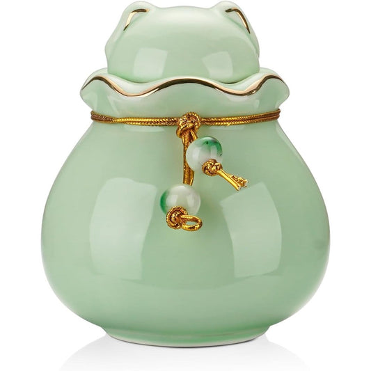 SOITIS Pet Memorial Urn front view of cyan ceramic keepsake holder with gold trim