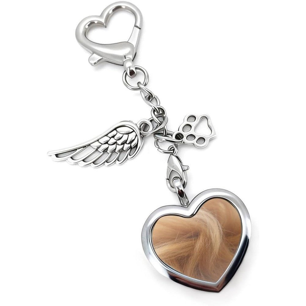 CYLDGNS pet fur memorial keychain front view showcasing the heart-shaped glass locket filled with hair.