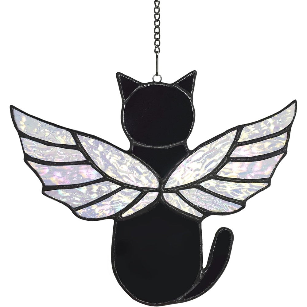 Velasyart Angel Rainbow Wing Stained Glass Cat Suncatcher front view hanging in window