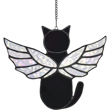 Velasyart Angel Rainbow Wing Stained Glass Cat Suncatcher front view hanging in window