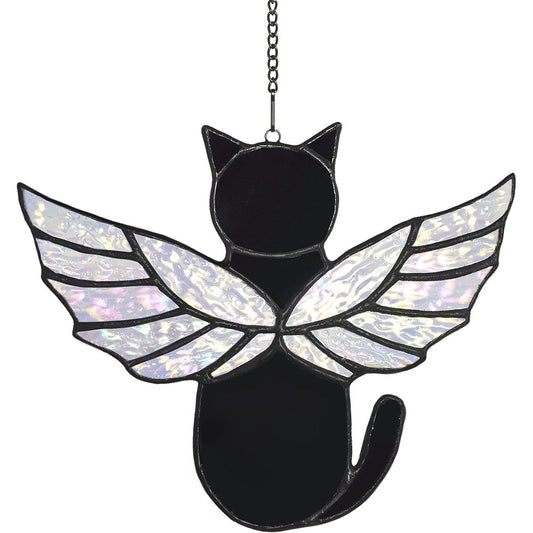 Velasyart Angel Rainbow Wing Stained Glass Cat Suncatcher front view hanging in window