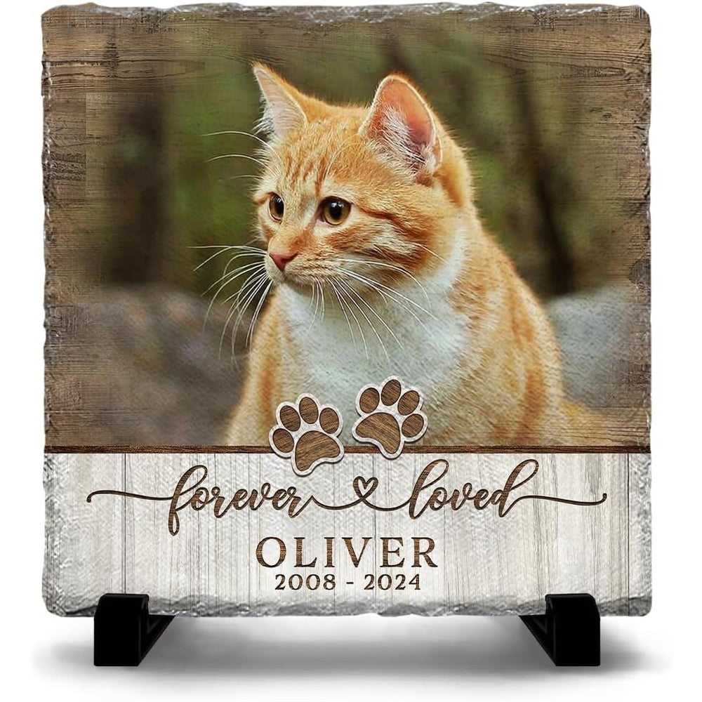Sol Vibes custom cat memorial stone front view showing white ceramic coated frame with rustic wood textures