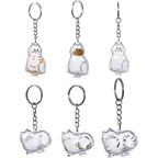 BTYYIHEX Cat Hair Keepsake Keychains front view showing transparent cat shaped memorial capsule pendants for pet fur storage.