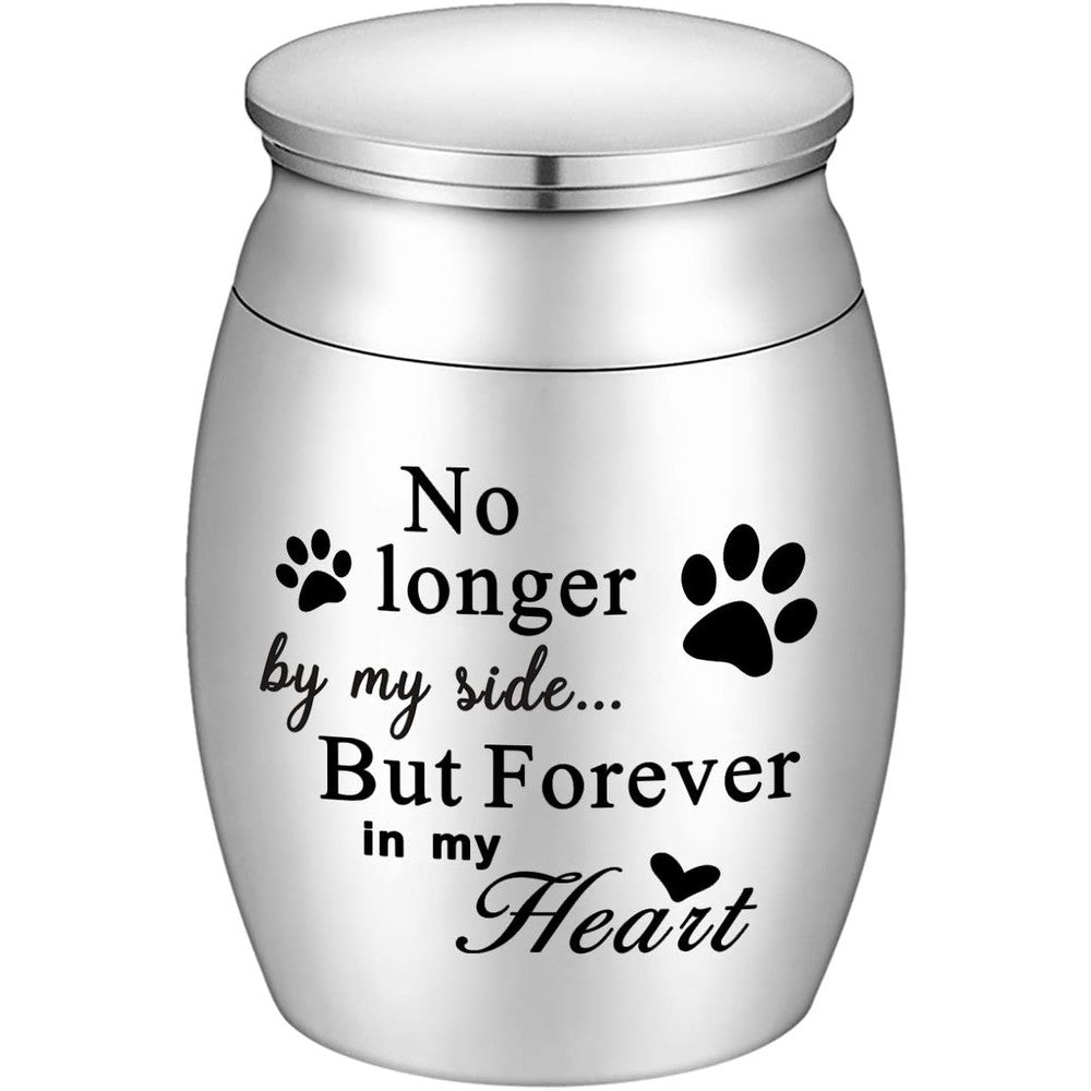Xiuda mini pet memorial urn front view showcasing silver polish and paw print engraving.