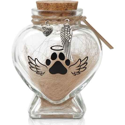 HAMUIERS pet memorial glass jar front view showing heart shape and wood stopper