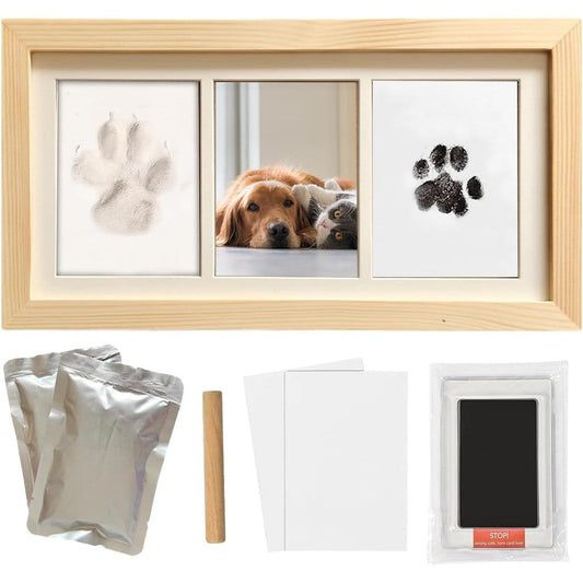ZAPVLVT pet paw print impression kit front view showcasing natural wood frame and clay molds