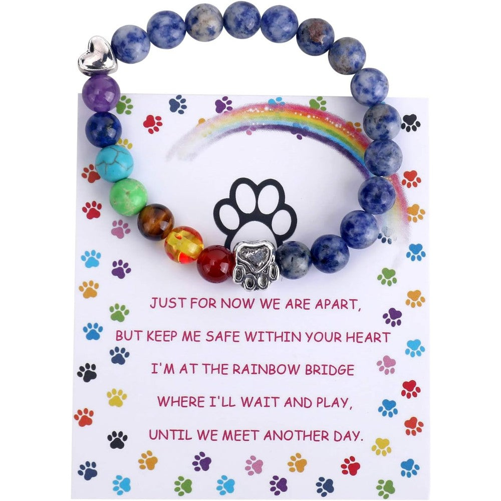 Unijew pet memorial rainbow bridge bracelet front view showcasing chakra beads and paw charm