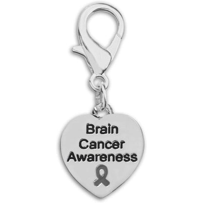 Fundraising For A Cause Brain Cancer Awareness Heart Hanging Charm With Gray Ribbon For Bracelets And Collars Silver Plated 1 Count