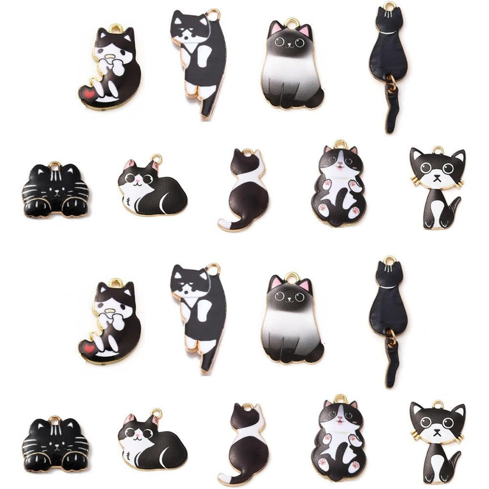 PerlineBeads LiQunSweet 20 Pieces Assorted Enamel Flatback Black Cat Kitten Charms For DIY Jewelry Making Necklaces Bracelets Earrings Gold Tone Back