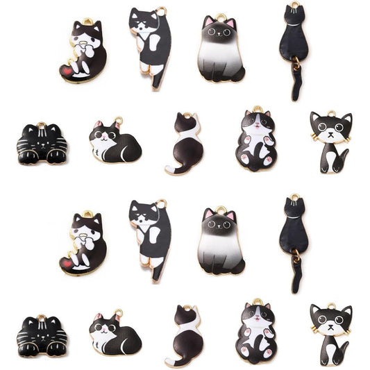 PerlineBeads LiQunSweet 20 Pieces Assorted Enamel Flatback Black Cat Kitten Charms For DIY Jewelry Making Necklaces Bracelets Earrings Gold Tone Back