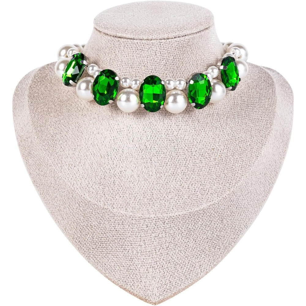 Daovace Pet 2 Row Pearl Dog Necklace Collar With Rhinestone Crystal For Small Dogs Puppies Cats Wedding Jewelry Green Small