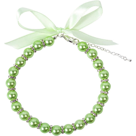 Daovace Ribbon Pearl Dog Collar Rhinestone Necklace For Cats And Small Dogs Green Small Size Imported Pet Accessory