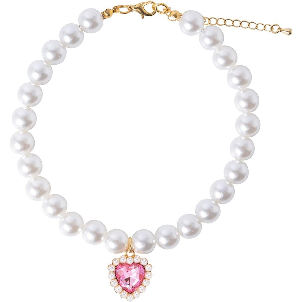 Daovace Heart Shape Pearl Pet Collar For Small Dogs And Cats Rhinestone Jewelry Accessory In Pink Small