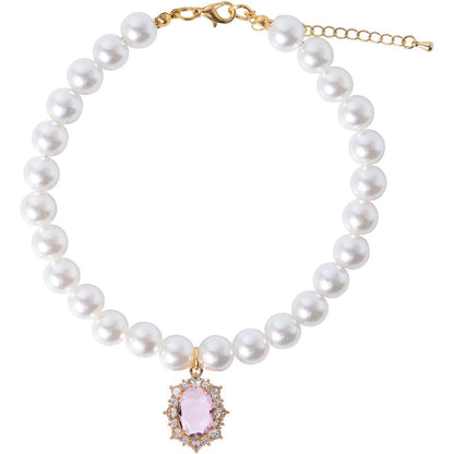 Daovace Pearl Dog Collar Elegant Oval Crystal Rhinestone Necklace Pet Jewelry For Small Dogs Puppies Yorkies Chihuahuas And Cats Pink Small