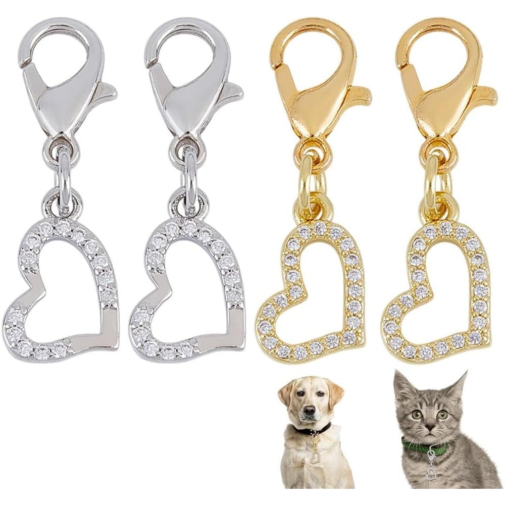 Delorigin Heart Collar Pendants For Cat And Dog Valentine Charms Brass And Rhinestone Clip-On Charms Set Of 4