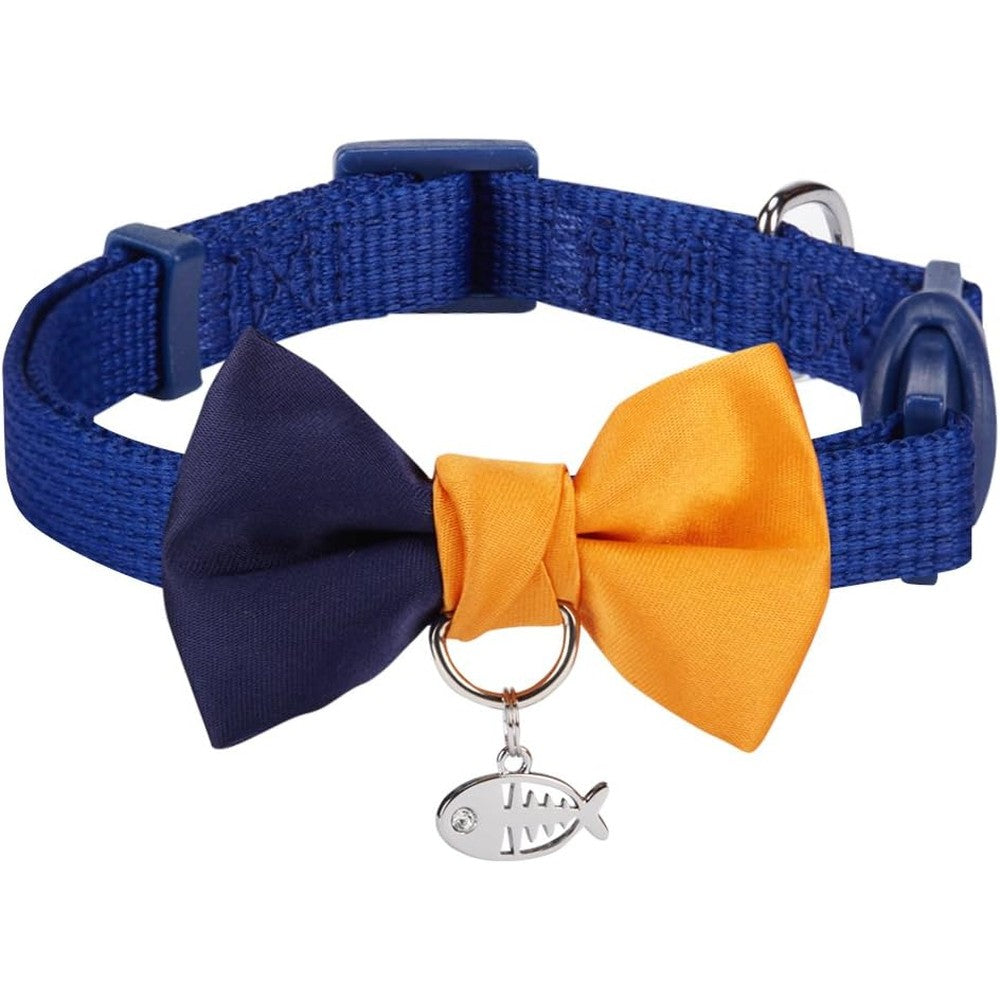 Blueberry Pet Timeless Navy Blue And Orange Breakaway Handmade Bow Tie Cat Collar With European Crystal Bead On Fish Charm For Cats And Kittens 9-1...