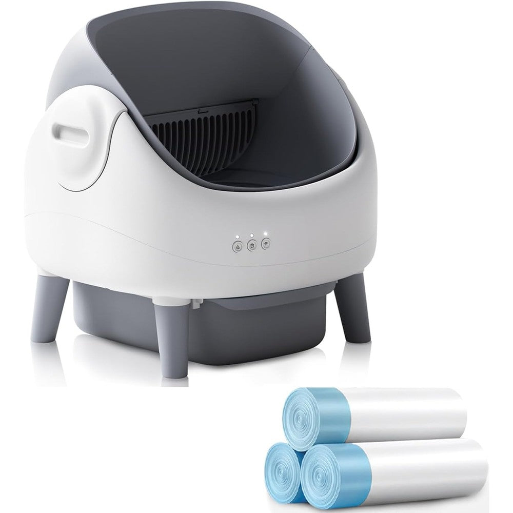 ZeaCotio Self Cleaning Litter Box Automatic Cat Litter Tray With App Control And Dual Safety Sensors In White And Grey With 3 Roll Trash Bags