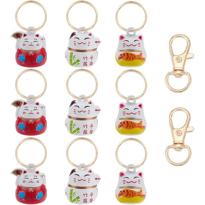 Webeedy 9 Pieces Lucky Cat Collar Bells Set With Key Rings Brass Maneki Neko Fortune Charms For Pets Diy Jewelry Backpack And Keychain Decoration