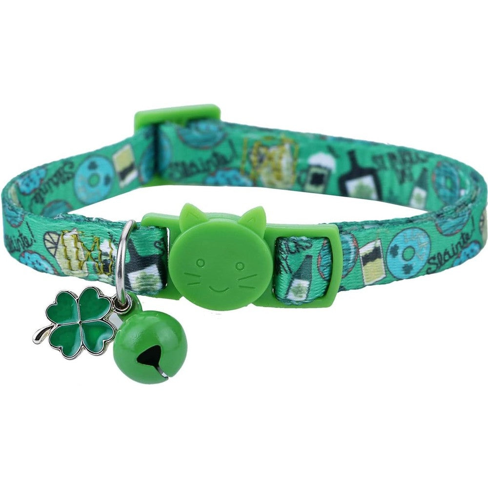 BoomBone St. Patrick's Day Breakaway Cat Collar front view showcasing green shamrock pattern and bell