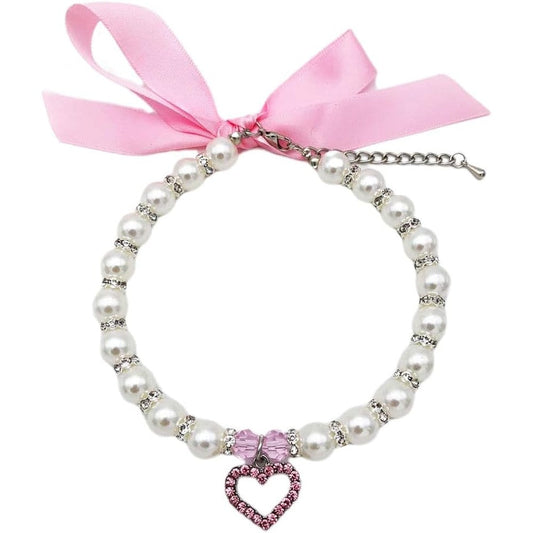 Petfavorites Pearl Crystal Dog Necklace Collar Jewelry For Small Dogs Puppy And Cats With Rhinestone Heart Charm Pink 8 To 10 Inch