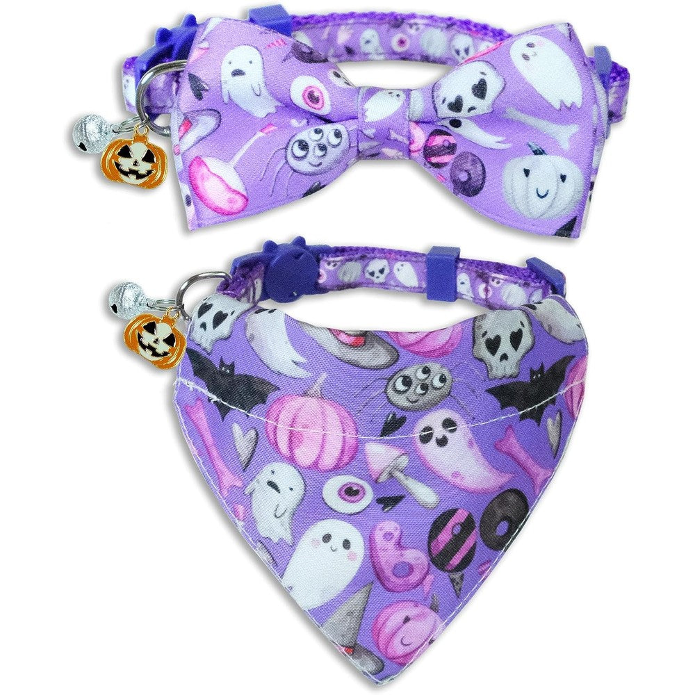 Pohshido Halloween Cat Collar With Bow Tie And Bells Holiday Ghost And Pumpkin Cat Bandana Set For Small Cats And Kittens