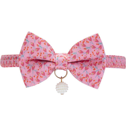 Blueberry Pet Pink Tulip Floral Breakaway Cat Collar With Handmade Bowtie And Pearl Charm For Cats Neck Size 8.5 Inch To 12 Inch
