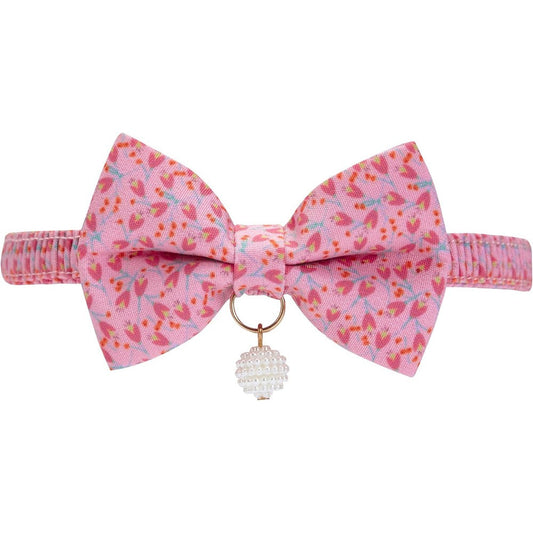 Blueberry Pet Pink Tulip Floral Breakaway Cat Collar With Handmade Bowtie And Pearl Charm For Cats Neck Size 8.5 Inch To 12 Inch