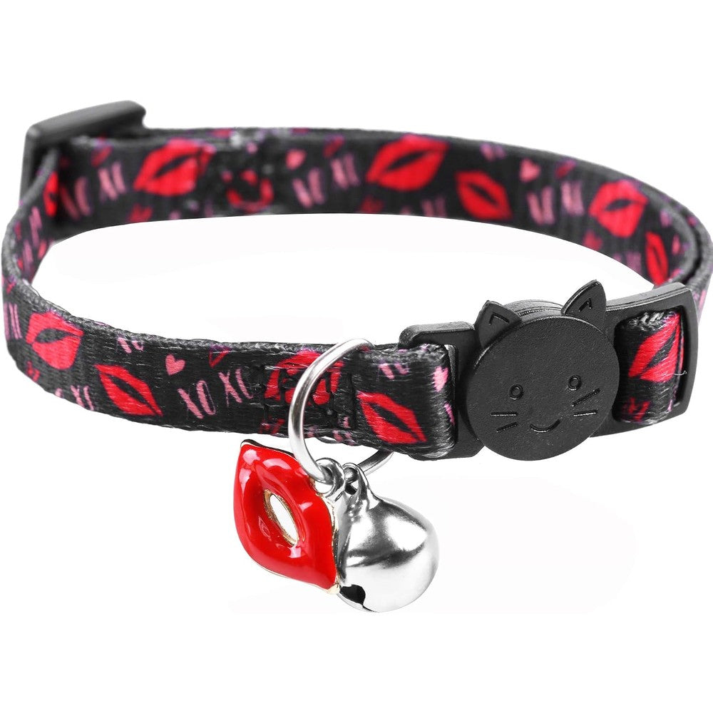 BoomBone Valentines Day cat collar front view featuring red lip pattern and silver bell