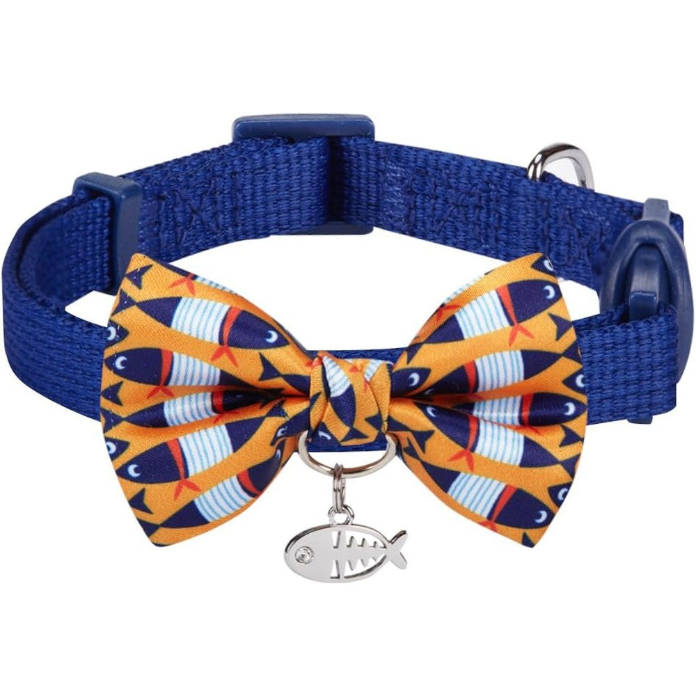 Blueberry Pet Timeless Navy Blue Cat Collar With Chic Fish Print Bow Tie And Breakaway Safety Buckle Adjustable 9 Inch To 13 Inch Neck