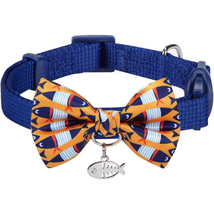 Blueberry Pet Timeless Navy Blue Cat Collar With Chic Fish Print Bow Tie And Breakaway Safety Buckle Adjustable 9 Inch To 13 Inch Neck