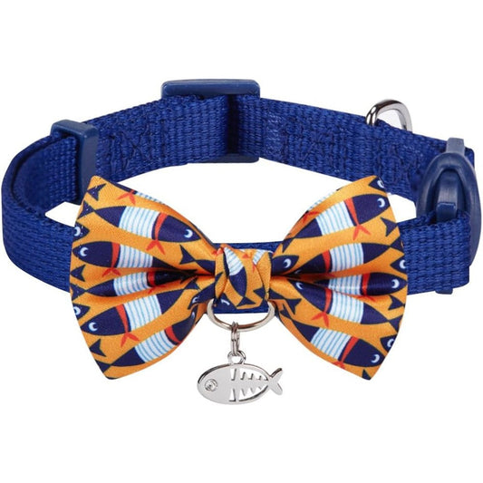 Blueberry Pet Timeless Navy Blue Cat Collar With Chic Fish Print Bow Tie And Breakaway Safety Buckle Adjustable 9 Inch To 13 Inch Neck